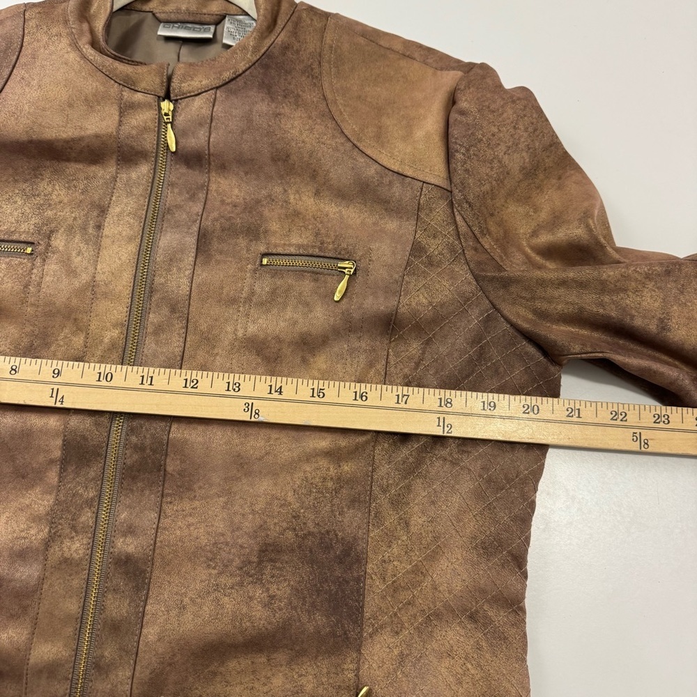 Chico's Full-Zip Moto Jacket Lined Brown Faux Leather Sz 1 US Sz M Mock Neck NEW - Picture 7 of 10